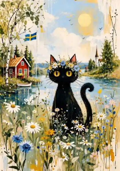 Juliste - Musta Kissa Niityllä Rajoitettu Tarjous