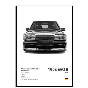 Poisto Juliste – Ylellinen mustavalkoinen urheiluauto / 190E EVO / Valkoinen