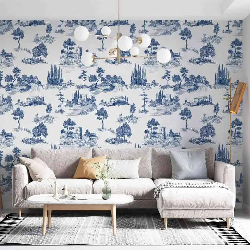 Tapetti - Scenic Blue Toile Design Kausialennus
